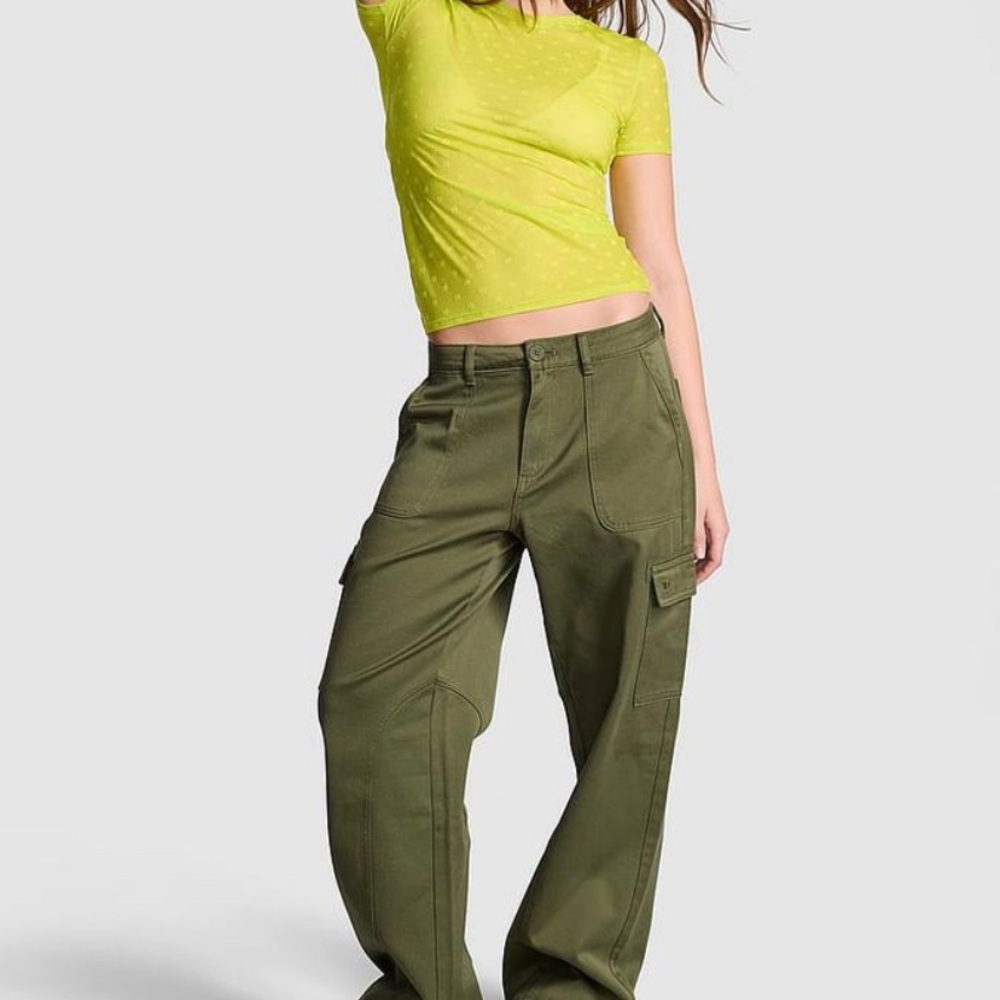 PINK Victoria's Secret Olive Green Wide Leg Cargo Pants